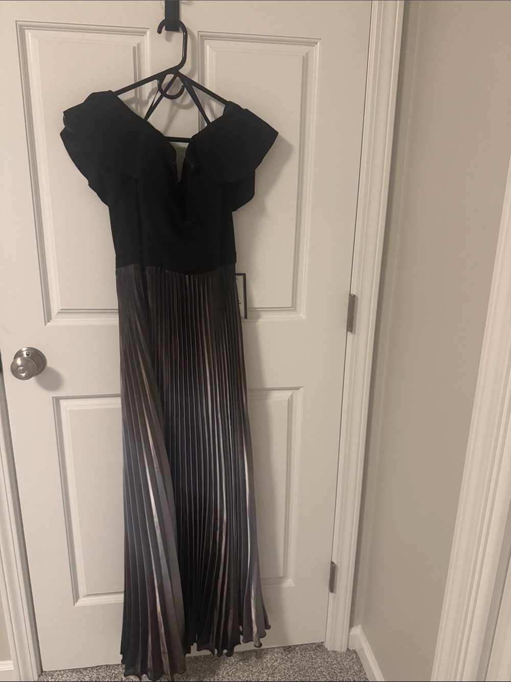 Betsy & Adam Black Bodice with Metallic Gray Pleated Maxi Dress